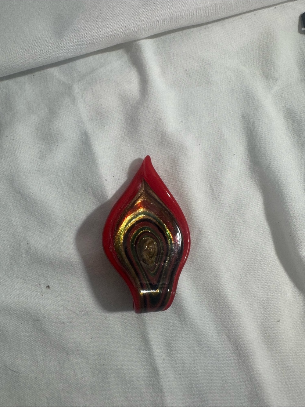 Murano Style Teardrop-Shaped Art Glass Pendant Red Outer Border Foil Center